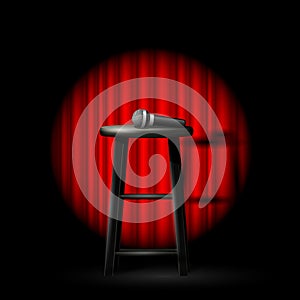 Stand up comedy show - microphone and stool in ray of spotlight and curtain