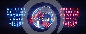 Stand Up Comedy Show is a neon sign. Neon logo, bright luminous banner, neon poster, bright night-time advertisement photo