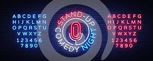 Stand Up Comedy Show is a neon sign. Neon logo, bright luminous banner, neon poster, bright night-time advertisement