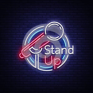 Stand Up Comedy Show is a neon sign. Neon logo, symbol, bright luminous banner, neon-style poster, bright night-time