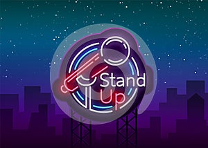 Stand Up Comedy Show is a neon sign. Neon logo, symbol, bright luminous banner, neon-style poster, bright night-time