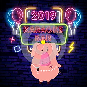 Stand Up Comedy Show with pig 2019 is a neon sign. Neon logo, bright luminous banner, New Year neon poster, bright night-time adve