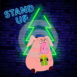 Stand Up Comedy Show with pig 2019 is a neon sign. Neon logo, bright luminous banner, New Year neon poster, bright night-time adve