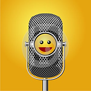 Stand up comedy show poster with microphone and smiling face. Humor event vector background.