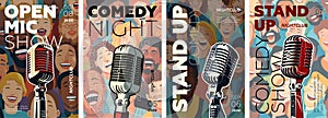 Stand up comedy show poster set. Open mic night flyer or placard template collection. Drawing artworks retro microphone
