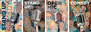 Stand up comedy show poster set. Open mic night funny event flyer or placard template collection. Drawing artworks retro