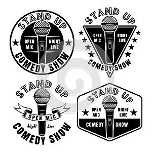 Stand up comedy show set of vector emblems, badges, labels, stamps or logos in vintage monochrome style isolated on