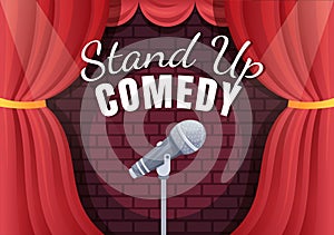 Stand Up Comedy Show Theater Scene with Red Curtains and Open Microphone to Comedian Performing on Stage in Flat Illustration