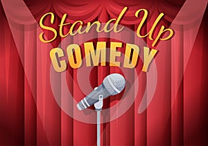 Stand Up Comedy Show Theater Scene with Red Curtains and Open Microphone to Comedian Performing on Stage in Flat Illustration