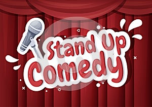 Stand Up Comedy Show Theater Scene with Red Curtains and Open Microphone to Comedian Performing on Stage in Flat Illustration