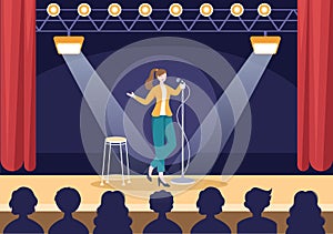 Stand Up Comedy Show Theater Scene with Red Curtains and Open Microphone to Comedian Performing on Stage in Flat Illustration