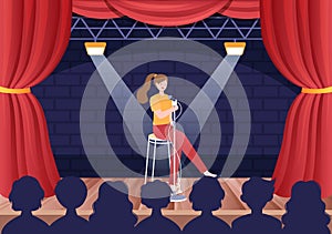 Stand Up Comedy Show Theater Scene with Red Curtains and Open Microphone to Comedian Performing on Stage in Flat Illustration