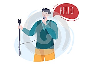 Stand Up Comedy Show Theater Scene with Red Curtains and Open Microphone to Comedian Performing on Stage in Flat Illustration