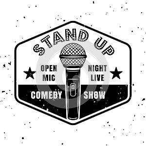 Stand up comedy show vector emblem, badge, label, stamp or logo in vintage monochrome style isolated on white background