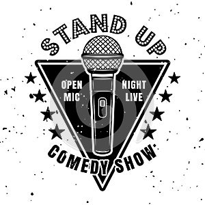 Stand up comedy show vector emblem, badge, label, stamp or logo in vintage monochrome style isolated on white background