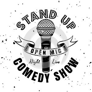 Stand up comedy show vector emblem, badge, label, stamp or logo in vintage monochrome style isolated on white background