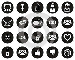 Stand Up Comedy Or Stand Up Show Icons White On Black Flat Design Circle Set Big