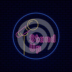 Stand up comedy title board sign logo badge with microphone icon. Retro glowing neon light effect for night entertainment vector