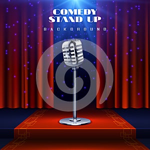 Stand up comedy vector background with retro microphone on stage and red curtain