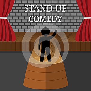 Stand-Up Comedy Vector Interior. Man or Woman Performs on Stage. Hand Up. Theater Scene with Red Curtains and Grey Brick Wall.