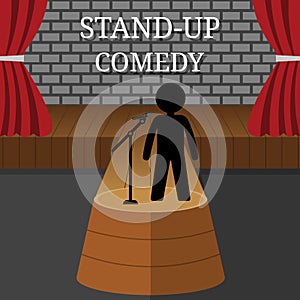Stand-Up Comedy Vector Interior. Man or Woman Performs on Stage. Theater Scene with Red Curtains and Grey Brick Wall. Vector