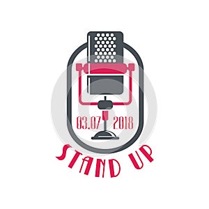 Stand up logo, comedy show poster with retro microphone and date vector Illustration on a white background