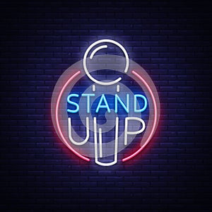 Stand up logo in neon style. Comedy show is neon sign, symbol, an invitation to a comedy performance, bright banner