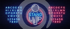 Stand Up Logo in Neon Style. Comedy show is neon sign, symbol, an invitation to a comedy performance, bright banner