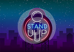 Stand Up Logo in Neon Style. Comedy show is neon sign, symbol, an invitation to a comedy performance, bright banner