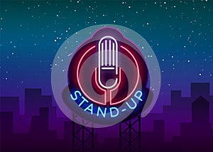 Stand Up Logo in Neon Style. Comedy show is neon sign, symbol, an invitation to a comedy performance, bright banner