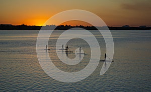 Stand up paddle on Rio Tocantins, during sunset, in Carolina, Maranhao, Brazil.