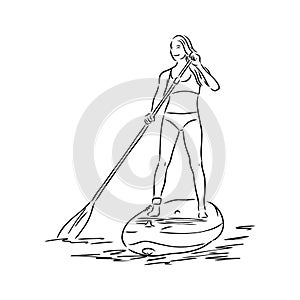 Stand up paddle surfing, boarding. Single female surfer with paddle. Surfrider girl on board. Paddleboarding, SUP