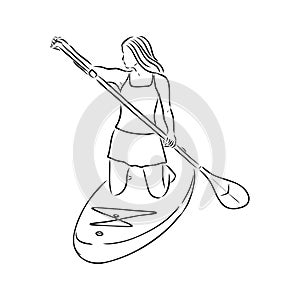 Stand up paddle surfing, boarding. Single female surfer with paddle. Surfrider girl on board. Paddleboarding, SUP