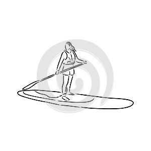 Stand up paddle surfing, boarding. Single female surfer with paddle. Surfrider girl on board. Paddleboarding, SUP