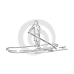 Stand up paddle surfing, boarding. Single female surfer with paddle. Surfrider girl on board. Paddleboarding, SUP