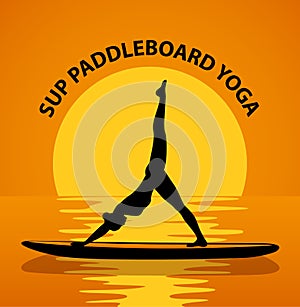 Stand up paddleboard Yoga. Woman silhouette in downwards facing dog leg air pose