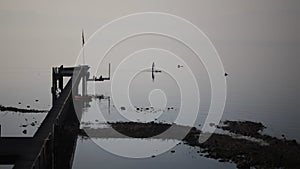 Stand up paddler near a pier during sunrise