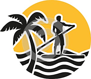 Stand up paddling icon with sun sea and palm