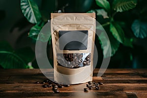 A stand up pouch with dark coffee beans, eco friendly and sustainably made