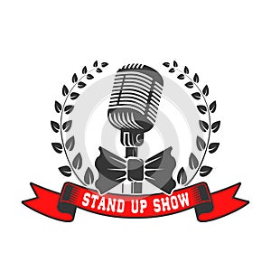 Stand up show emblem template. Old style microphone with laurel