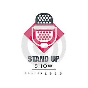 Stand up show logo design, comedy club sign with retro microphone vector Illustration on a white background.