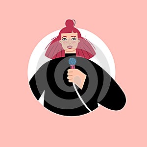 Stand-up show. Speech by a girl with a microphone. Character design. Vector