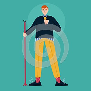 Stand-up show. Speech by a man with a microphone. Character design. Vector