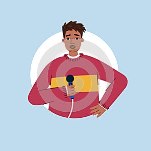 Stand-up show. Speech by a man with a microphone. Character design. Vector