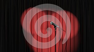Stand Up Stage, Red Curtain with Spotlights and a Microphone, 3d Render