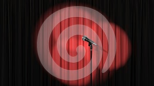 Stand Up Stage, Red Curtain with Spotlights and a Microphone, Beautiful Seamless Looped 3d Animation. 4K