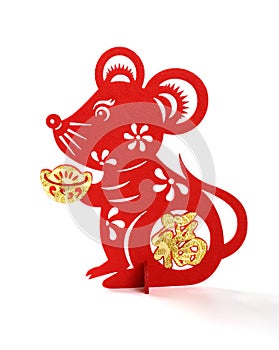 Standable fluffy paper-cut on white as symbol of Chinese New Year of the rat the Chinese means fortune