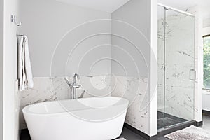 A standalone bathtub and marble lined shower.