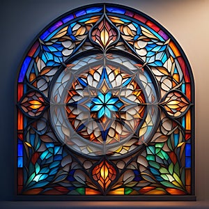 A standalone stained glass arch made out of cocobolo wood with beautiful colorful design