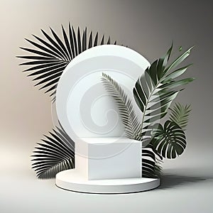 Standalone white product display podium with leaves